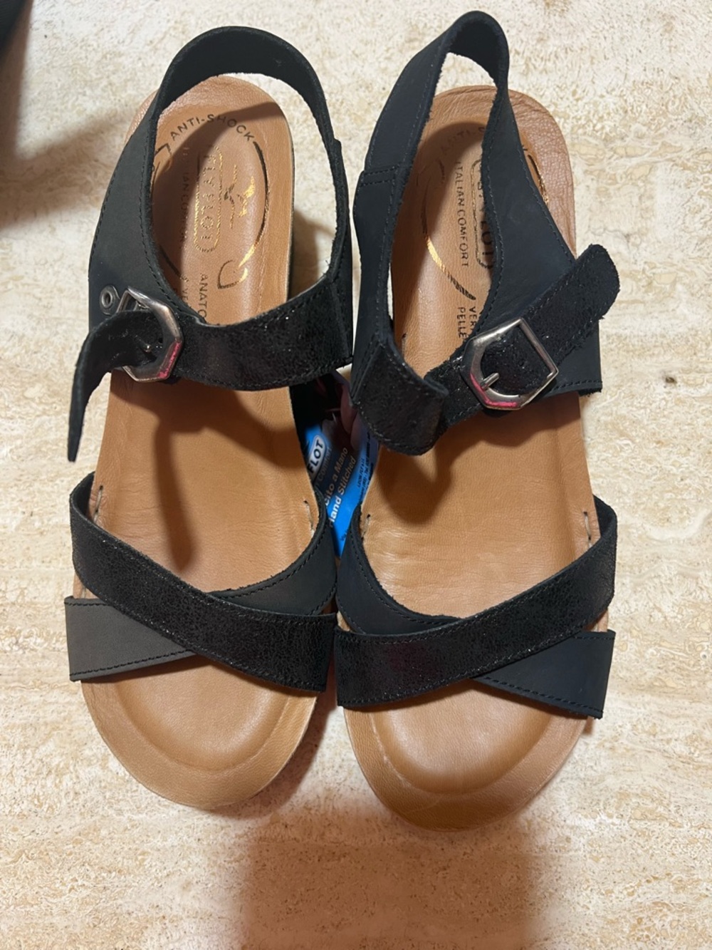 Fly Flot Black Leather & Suede Buckle Wedges